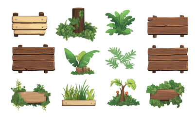 Jungle Style Cartoon Game Panels with Wooden Signs and Plants Vector Set