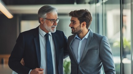 Two well dressed men are having a friendly office conversation