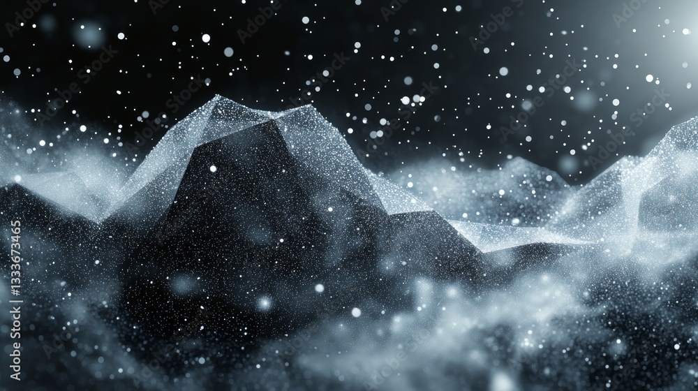 Poster abstract geometric landscape with sparkling particles and blizzard effect backdrop