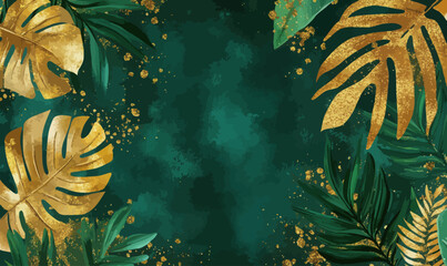 Luxurious Gold and Green Tropical Leaves Abstract Background Vector Art