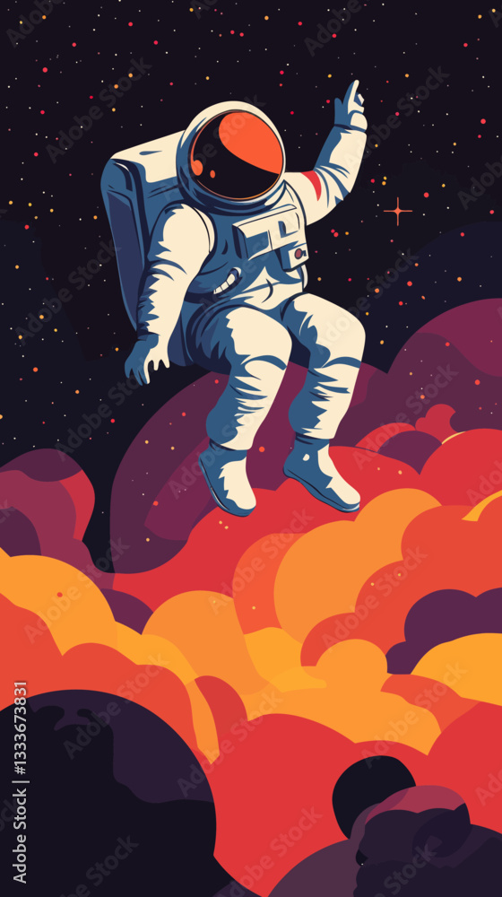 Poster fearless astronaut floating above nebula in minimalist vector space illustration