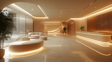 Modern office waiting area with comfortable sofas and soft lighting