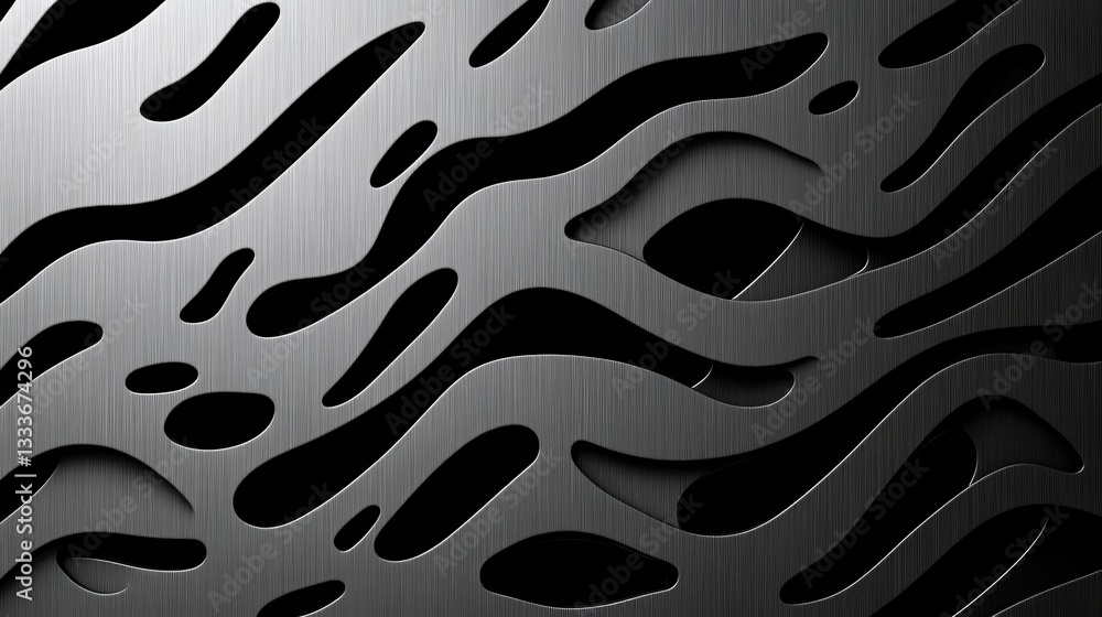 Poster abstract metallic cutouts with flowing shapes and layered shadows on dark background