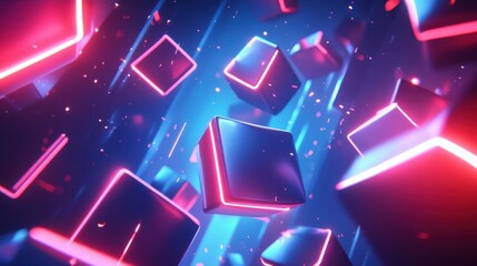 Neon lights illuminate geometric shapes against a dynamic and futuristic background, creating a striking visual effect.