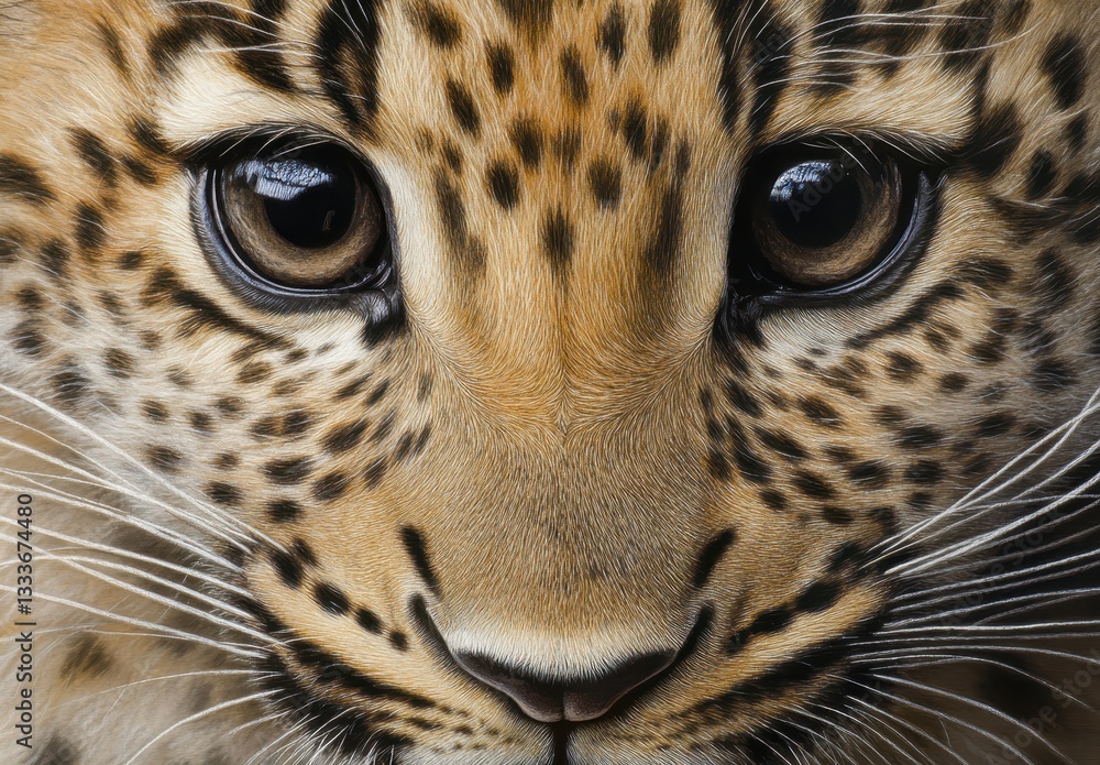 Poster close-up image of a majestic leopard displaying intricate fur patterns and intense eyes with a natur
