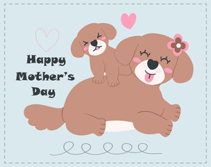 Mother's Day dog mom and baby cub cartoon illustration in flat design with love and warmth