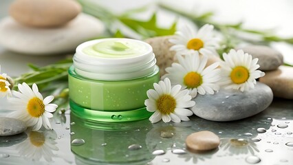 Eco-friendly skincare in focus &ndash; A green jar surrounded by daisies smooth stones, set against serene, nature backdrop. includes smooth stones, e-commerce ads, product presentation, and Mocup skincare