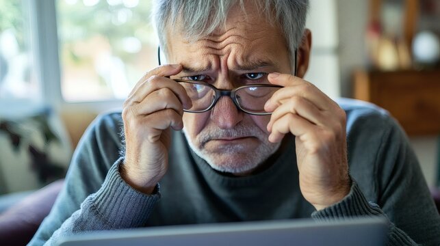 An elderly man looking intently through his glasses at screen