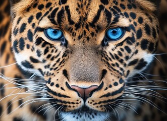 Obraz premium Close-Up of a Beautiful Leopard with Striking Blue Eyes Showcasing Majestic Features and Unique Spots in a Natural Habitat Setting