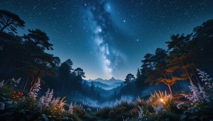Naklejka premium Stargazing adventure enchanted forest nightscape serene wilderness aesthetic view cosmic beauty