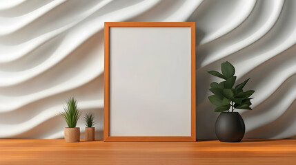 Empty Wooden Frame Mockup on Rustic Shelf with Plants
