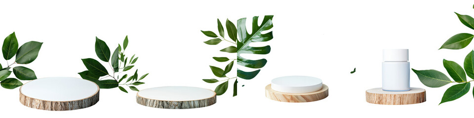 Minimalist natural wooden podium or platform with lush green leaves and foliage creating a serene and organic display for showcasing products cosmetics or wellness items