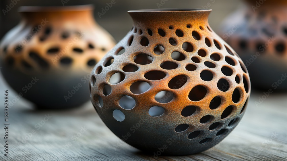 Poster artistic clay pottery with unique cut-out patterns and texture