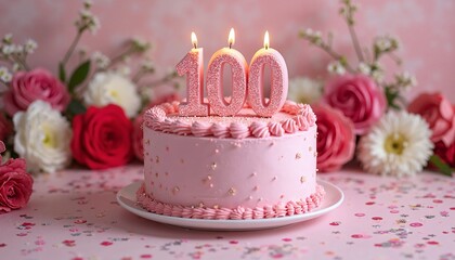 Elegant 100th Celebration Cake with Floral and Heart Details
