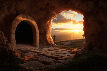Empty tomb with crosses at dawn