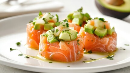 Salmon tartare topped with creamy avocado, elegantly presented on a plate, showcases a fresh and refined culinary experience perfect for gourmet dining.