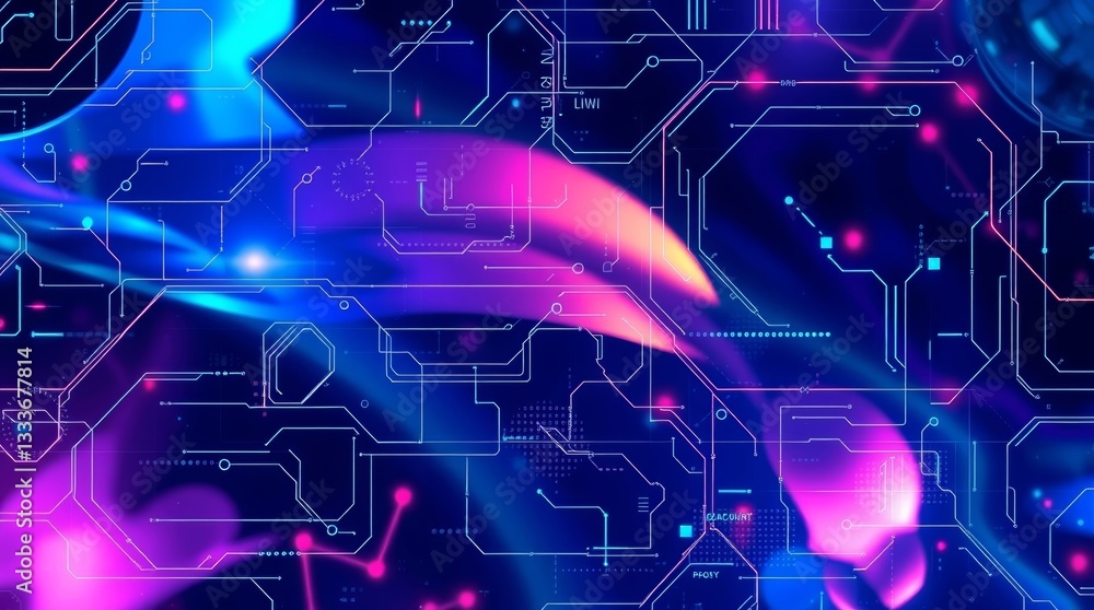 Aufkleber abstract futuristic circuit board design with glowing neon colors and data flow