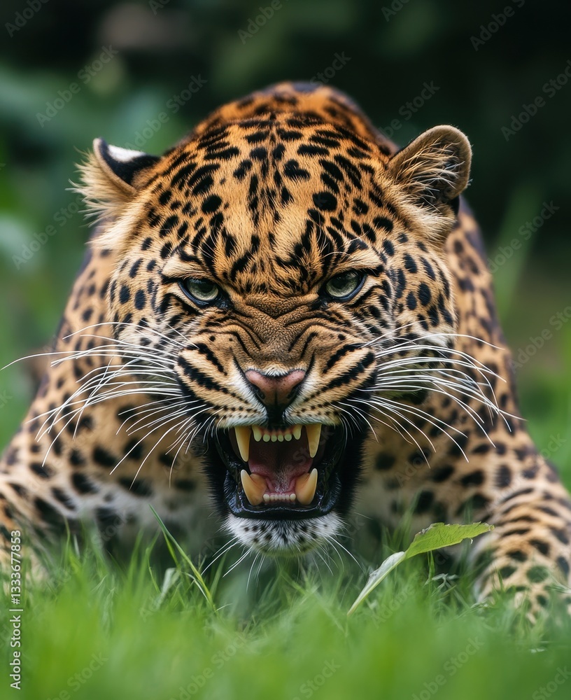 Aufkleber close-up of a fierce leopard with intense expression showcasing striking spots and sharp teeth in na