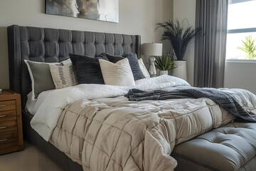 Modern Bedroom Design: Gray Upholstered Bed with Beige Comforter and Stylish Pillows, Accented by Neutral Decor and Plants, Creating a Serene and Elegant Ambiance.