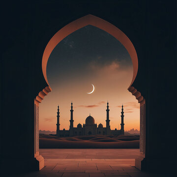 Eid Mubarak card with a backdrop of grand mosque arches, stars, and crescent moon, reflecting Ramadan Kareem.