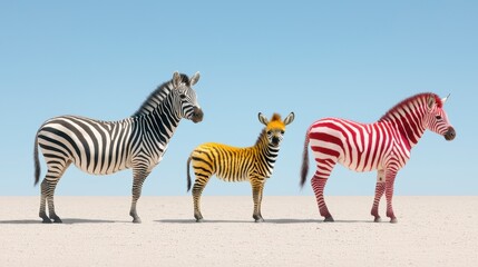 Fototapeta premium Three Zebras in Unique Stripes in a Desert Landscape Under Clear Blue Sky