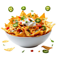 A Bowl of Crispy Nachos with Melted Cheese and Jalapenos Isolated on Transparent Background