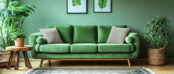 Serene Green Living Room Interior with Velvet Sofa and Lush Plants