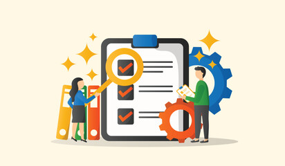 SOP cartoon characters web banner. Vector illustration business concept for the standard operating procedure with an icon of instruction to assist employee in complex routine operations.