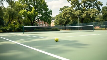 Outdoor Tennis Court Green Surface Ball Summer Trees