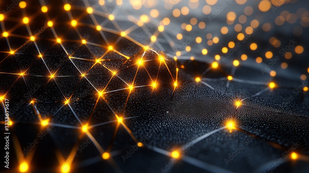 Poster geometric network with luminous nodes interconnected on a textured surface