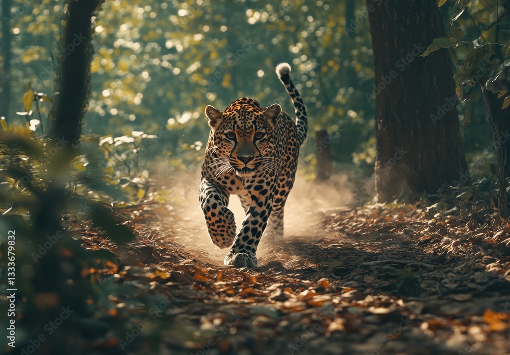 Aufkleber close-up of a leopard running swiftly through a sunlit forest path surrounded by lush greenery and w