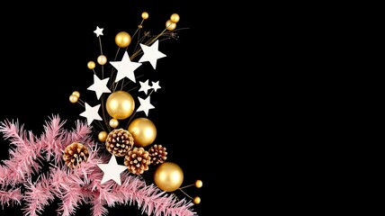 Fototapeta premium Festive Christmas Decor Gold Ornaments Pink Tinsel Stars