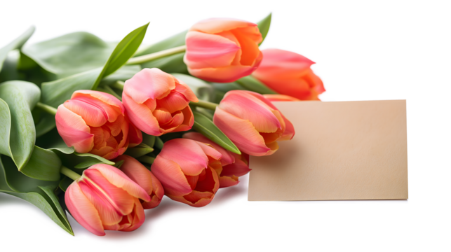 A bouquet of red tulips with a white card that says "I love you". Concept of love and affection, as the red tulips are a symbol of love and passion. The white card adds a personal touch
