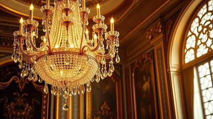 Obraz premium Elegant Crystal Chandelier in Luxurious Interior Golden Room Decor