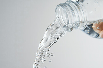 Pouring clean water from a plastic bottle