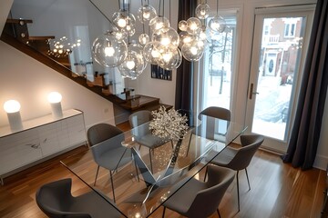Glass Dining Table with Modern Chairs, Illuminated by a Stunning Bubble Chandelier in a House with Hardwood Floors and Glass Staircase, Creating a Luxurious and Bright Atmosphere