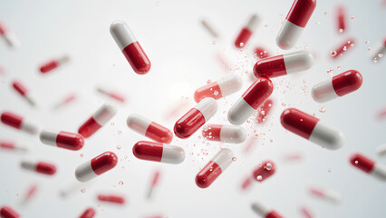 A dynamic arrangement of red and white capsules scattered against a light background, symbolizing pharmaceuticals and healthcare.