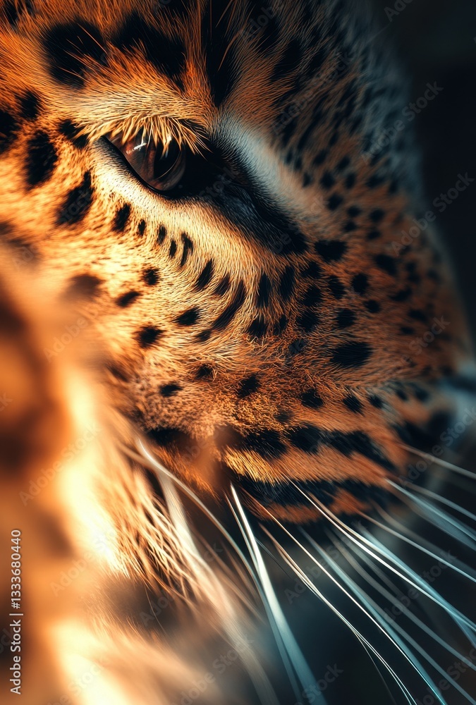 Poster close-up of a leopard's face capturing intricate patterns and hypnotic gaze in soft lighting with vi