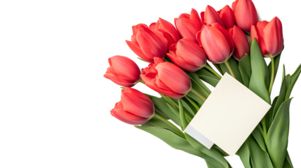 A bouquet of red tulips with a white card that says "I love you". Concept of love and affection, as the red tulips are a symbol of love and passion. The white card adds a personal touch
