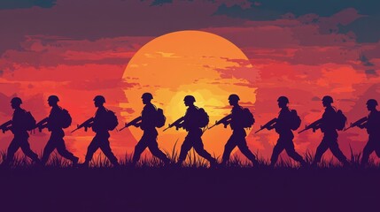 Fototapeta premium Silhouettes of soldiers march steadily against the dramatic backdrop of a setting sun, creating a powerful and evocative scene.