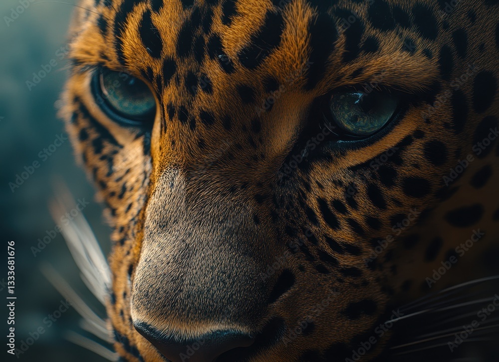 Poster close-up of a majestic leopard displaying detailed fur patterns and captivating eyes in a serene nat
