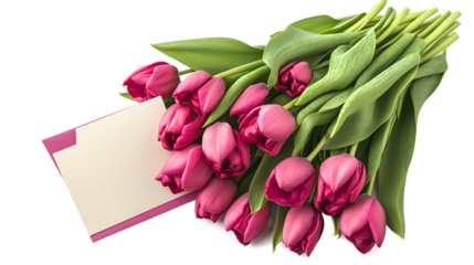A bouquet of red tulips with a white card that says "I love you". Concept of love and affection, as the red tulips are a symbol of love and passion. The white card adds a personal touch