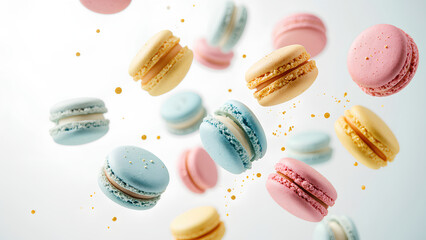 Colorful macarons in various flavors float against a light background, creating a whimsical and delightful dessert scene.