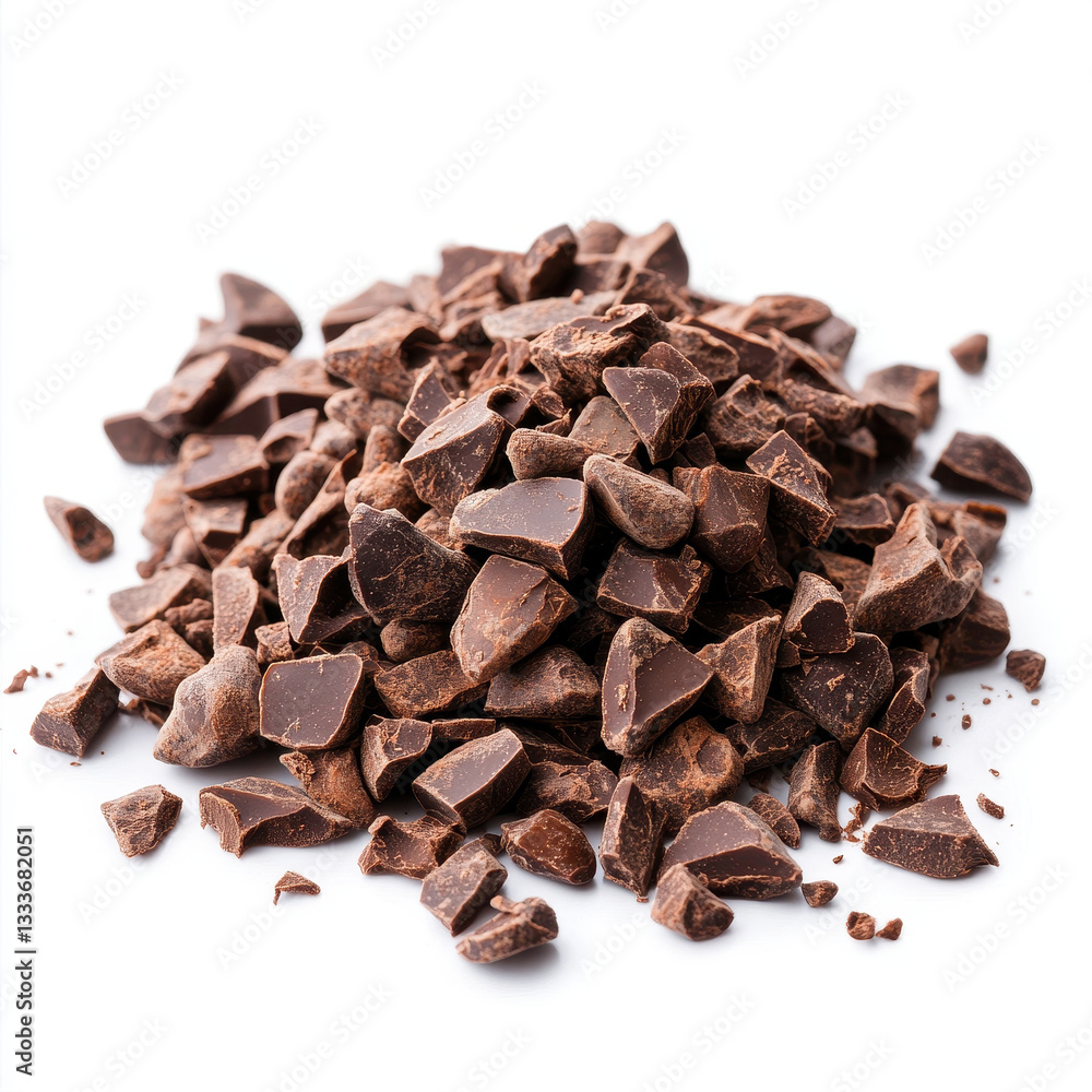 Poster rich cocoa nibs piled high, perfect for baking or snacking, showcasing their deep brown color and un
