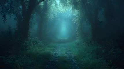 Misty forest path at dawn (1)