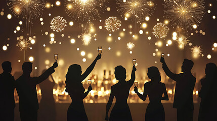 Silhouetted people celebrating with champagne glasses under a festive display of fireworks at a party