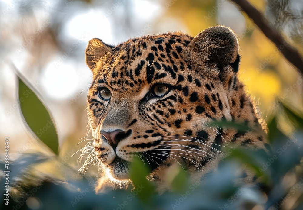 Poster close-up of a majestic leopard in natural habitat with soft bokeh lighting highlighting its distinct
