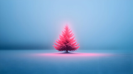 Pink Illuminated Christmas Tree in Blue Fog