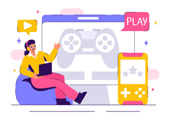 Vector Illustration of a Professional Cute Gamer Streaming Online While Playing Video Games on a Live Platform in a Stylish Background
