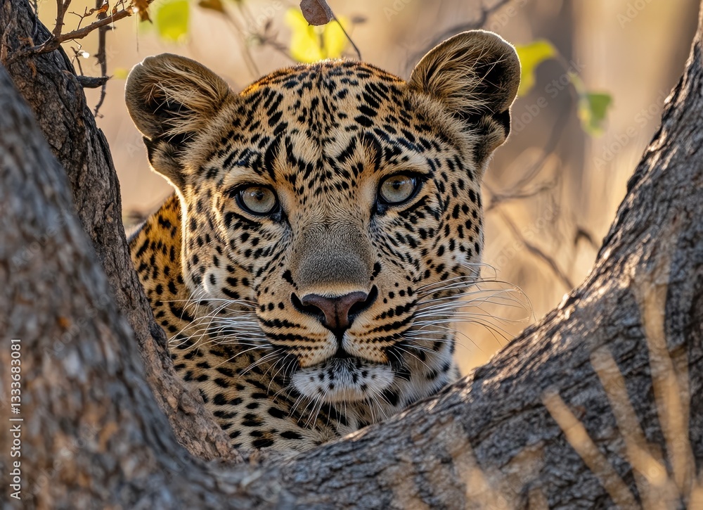 Poster close-up of a majestic leopard resting in the shade of a tree, showcasing its striking spots and int